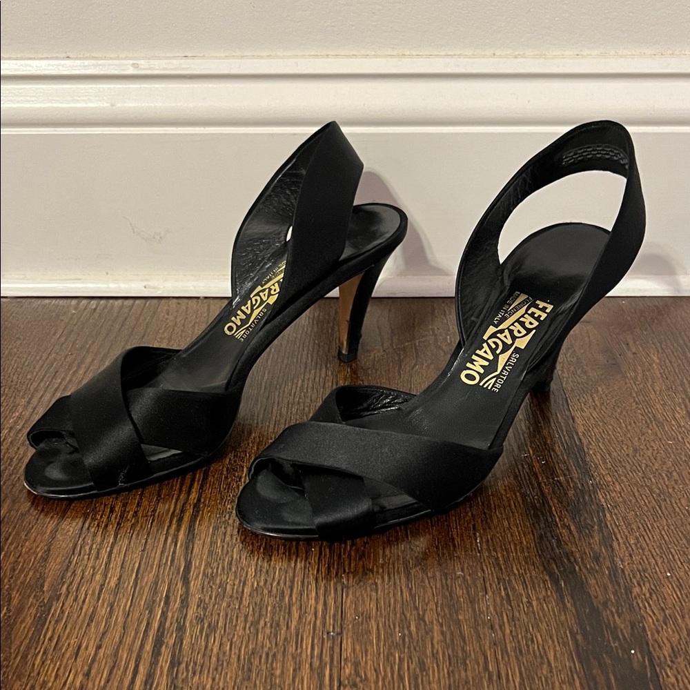 Salvatore Ferragamo Black Satin Slingback Peep-Toe Heels